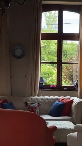 The video shows an interior view of a living room with a large window overlooking a lush green garden. A white tufted sofa with several decorative pillows is visible in the foreground, along with parts of two other armchairs, one in orange and one in white. The window is divided into multiple panes and framed by cream-colored curtains. On the windowsill, there is a dark blue lamp, a small pink object, and a decorative item. To the left of the window, a plate with a blue pattern is mounted on the wall. The overall impression is one of a comfortable and well-decorated living space with a connection to nature.