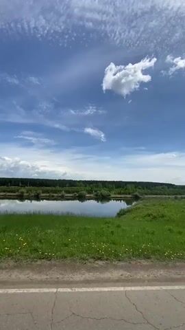 The video captures a scenic view from a moving vehicle, likely traveling along a road in a rural area. On the left side of the frame, a portion of a white vehicle panel is visible, featuring a small white square with a red circular symbol. A cracked paved road with a white line runs across the bottom of the screen. Adjacent to the road is a vibrant strip of green grass, followed by a calm body of water, possibly a river or lake, reflecting the blue sky and clouds. A dense line of trees forms a dark green horizon in the distance. Above, the sky is a bright blue, filled with numerous white clouds, ranging from wispy cirrus to fluffy cumulus. The weather appears sunny and clear during what seems to be daytime. The scene is located in Novomaltinsk, Russia.