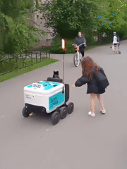 Girl encounters delivery robot in urban park amid spring blooms