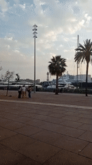 Group poses at Barcelona marina during golden hour