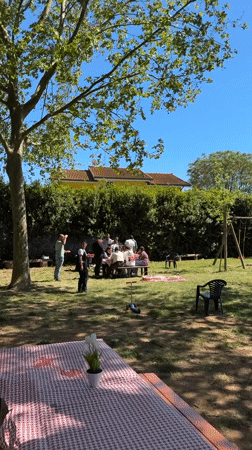 Backyard gathering captured on sunny afternoon in Aprilia, Italy