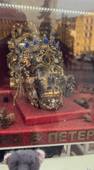 Ornate skull with crown, gems displayed in St. Petersburg