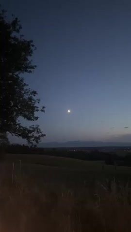 A vertical video shows a landscape at dusk. The sky is a deep blue, transitioning to lighter shades near the horizon, where a thin sliver of pink and orange indicates the setting sun. A small, bright circle, presumably the moon or a bright star, is visible in the upper left quadrant of the sky. Silhouetted against the horizon are distant mountains and a town with lights. In the foreground, tall grass and the dark silhouette of trees frame the scene. The camera is static.