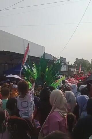 The video shows a crowd of people gathered outdoors, seemingly for a parade or festival. In the center of the frame, a person is wearing a large, elaborate costume resembling a peacock's tail, made of green, feathery structures. Some of the "feathers" are decorated with eye-like patterns. The person in costume is partially obscured by the crowd but appears to be moving forward. Many people in the crowd are holding up their phones, presumably to take pictures or record the event. Among the spectators, there are children, including one being carried on someone's shoulders. Some individuals are wearing headscarves. The background shows buildings, including a white-walled structure and other smaller shops or houses. Indonesian flags are visible on some of the buildings and held by people in the crowd, suggesting a national celebration. The overall atmosphere appears festive and crowded, with people actively observing the spectacle. The lighting indicates it is daytime, possibly late afternoon, given the angle of the sun.
