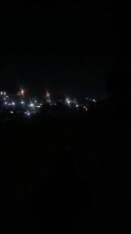 The video shows a dark, nighttime scene with distant city lights. The camera is shaky, causing the lights to blur and streak across the view. In the foreground, there is dark, unidentifiable foliage. Overall, the video captures a blurred and unclear view of a city skyline at night.