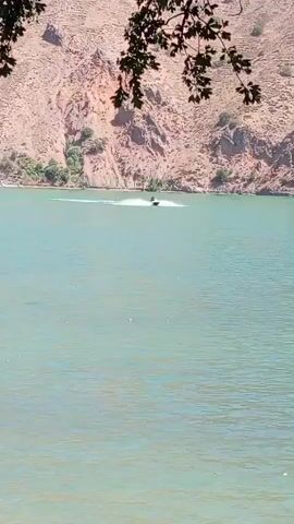 A jet ski moves across a body of water, leaving a white wake behind it. The water is a greenish-blue color. In the background, a steep, rocky hillside rises from the water's edge. The hillside is dry and sparsely vegetated with some green shrubs and trees. The sky is bright and appears to be sunny. The top of the frame shows branches and leaves of a tree, suggesting the vantage point is from the shore.