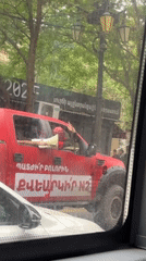 Red pickup truck with Armenian lettering spotted in Yerevan