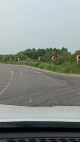 The video shows a view from inside a vehicle traveling on a road. The road has multiple lanes and is bordered by greenery. There are several traffic signs indicating sharp turns ahead. The vehicle continues along the road, and in the distance, a truck appears to have crashed and is overturned on the side of the road. Several other vehicles are parked nearby, and there are also some construction vehicles visible. The weather appears to be overcast.