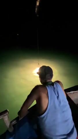 A person wearing a blue tank top and a black baseball cap is in a boat at night. The person is looking out at the water, where a bright light is illuminating a large circular net. The net is being lifted out of the water.