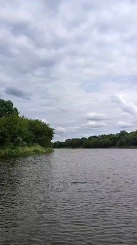 The video shows a wide river with trees lining its banks under a cloudy sky. The camera pans slowly across the water from left to right, revealing a lush green forest on the opposite bank and in the distance. The water appears calm with small ripples. The clouds are varied, with some areas of bright white and others a darker grey. The overall impression is of a serene natural landscape.