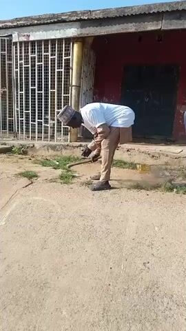The video shows two men in front of a building with a red facade and metal bars. The man on the left is wearing a white shirt and a patterned hat and is bending down to work on the ground with a tool that appears to be a hoe. The man on the right is wearing a blue tracksuit and is also bending down, working on the ground with a tool. The ground in front of the building is a mix of dirt and patchy grass. The overall environment appears to be outdoors in daylight.