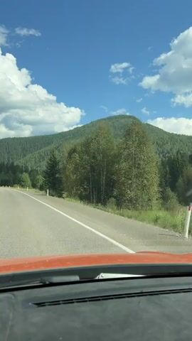 This video is a first-person perspective shot from inside a vehicle driving on a two-lane asphalt road. The road is bordered by a white line on the right and a broken yellow line in the middle. On the right side of the road, there are occasional white reflective markers. To the right of the road, there is a dense forest of evergreen trees and some deciduous trees, with a large, tree-covered mountain in the background. The sky is blue with scattered white cumulus clouds. The lower part of the frame shows the dashboard and part of the vehicle's interior, including an orange-colored surface in the foreground. The camera is panning slightly as the vehicle moves forward.