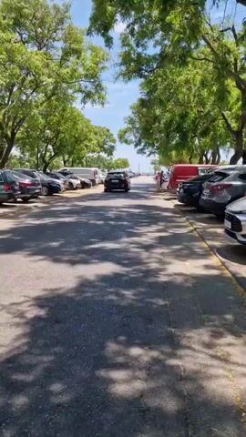 A black SUV is driving down a parking lot that is lined with trees. The parking lot is next to the ocean. The sky is blue with white clouds. There are many cars parked on both sides of the lot. There are also some people walking in the parking lot. The sun is shining and there are shadows on the ground.