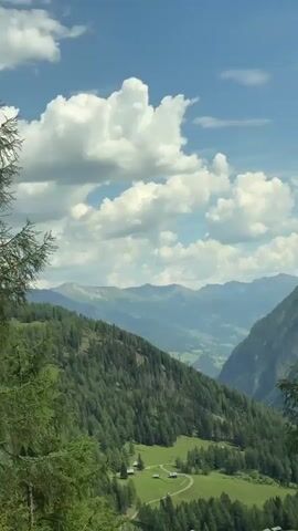 The video pans across a mountainous landscape with lush green trees and rolling hills under a blue sky with white clouds. The camera appears to be moving, possibly from a vehicle, as indicated by the passing scenery. In the foreground, there are evergreen trees, some with their branches extending into the frame. Further in the distance, a valley with fields and more trees is visible, bordered by steep, forested mountain slopes. A wooden bench is briefly seen in one shot, positioned on a path or overlook. Concrete barriers are also visible at one point, suggesting the presence of a road or pathway. The overall impression is a scenic view of a natural, mountainous environment, likely taken during daytime.