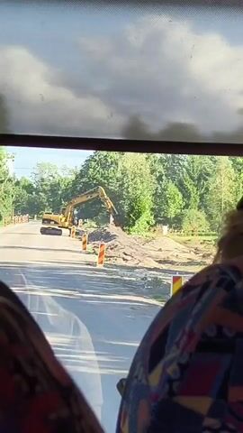 A yellow excavator is actively digging and moving dirt on a road that is undergoing construction. The scene is viewed from inside a vehicle, with the back of two people's heads and shoulders visible in the foreground. Orange and white striped construction cones are placed along the road. Trees and foliage form a backdrop behind the construction site. The weather appears overcast.