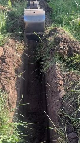 An excavator bucket is digging a narrow trench in a grassy field. The bucket is metallic and appears to be partially filled with dark brown soil. The trench is deep and has vertical sides with grass growing along the edges. The scene is illuminated by natural sunlight.