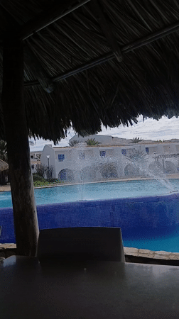 Resort pool area with fountains filmed in Juangriego