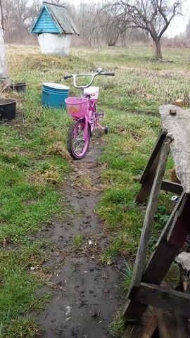 The video shows a pink child's bicycle with training wheels parked in a grassy, muddy area. The bike has a front basket decorated with a flower. Behind the bike is a blue water barrel, and in the distance, there's a well with a small blue-roofed structure over it. A bare tree is visible in the background, and to the right of the bike is a wooden sawhorse. The overall setting suggests a rural or backyard environment.
