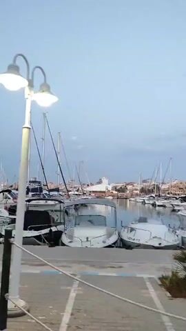 The video shows a marina with several boats docked. In the foreground, a lamppost with two lights stands tall. The sky is overcast, suggesting either early morning or late evening. The boats are of various sizes, with some appearing to be sailboats and others motorboats. The water in the marina is calm. The overall scene is peaceful and serene.