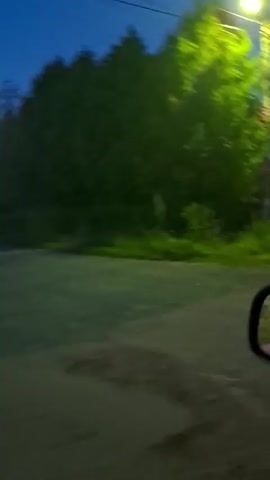 The video shows a blurry view from inside a moving vehicle. The time is dusk or night, as evidenced by the streetlights and the dark sky. On the left side of the screen, trees and houses are visible, with a bright streetlight illuminating the foliage. The right side of the screen features a side-view mirror reflecting the road and other vehicles. The camera pans across the scene, capturing glimpses of suburban houses and lush greenery. The motion blur suggests the vehicle is traveling at a moderate speed. There are no discernible individuals or specific actions taking place.
