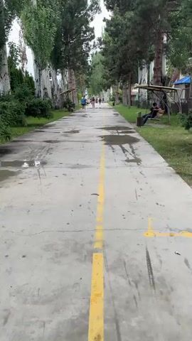A concrete path with a yellow line down the middle stretches into the distance, lined with tall trees on either side. The path is wet with puddles. Several people are walking or jogging in the distance. On the right side of the path, a person sits on a swing.