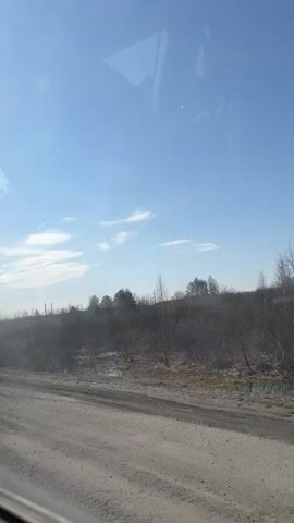 The video shows a view from inside a moving vehicle, looking out at a rural landscape on a sunny day with a clear blue sky and wispy white clouds. The road is unpaved and appears muddy with puddles of water. Adjacent to the road is a field of dry brush and low-lying vegetation. In the distance, a line of trees can be seen, and further back, there are some utility poles. The camera is static within the vehicle, capturing the scenery as it passes by. The overall tone is serene and typical of a rural springtime scene.