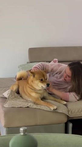 A young woman with long brown hair, wearing a light pink pajama top and pants with the partially visible word "bear" on them, is lying on a light-colored sofa. She is interacting gently with a light brown Shiba Inu dog, which is also on the sofa, resting on a small quilted mat. The dog is facing the woman, and its mouth is around her hand, in what appears to be playful mouthing or an affectionate interaction. The woman is looking at the dog with a slight smile. The background consists of a plain, light-colored wall. A blurry green object, possibly a bottle or decorative item, is visible in the foreground. The scene depicts a calm indoor moment of companionship between the woman and her dog.