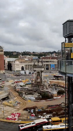 Aerial view captured of Barcelona's Plaça d'Espanya twin towers