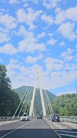 The video shows a view from a car driving across a cable-stayed bridge. The sky is blue with scattered white clouds. Trees line the sides of the road leading up to the bridge and continue beyond it. The bridge has a tall, central pylon with many cables extending from it to support the deck. Several cars are visible on the bridge, including the car from which the video is filmed. The road surface is asphalt, and there are yellow lines marking the lanes. The overall impression is a scenic drive on a sunny day.