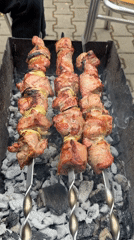 Prague resident grills meat skewers while cat rests nearby