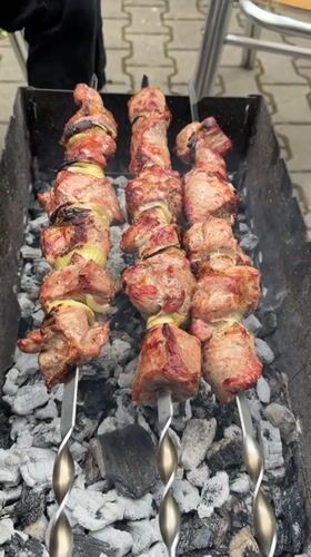 Prague resident grills meat skewers while cat rests nearby