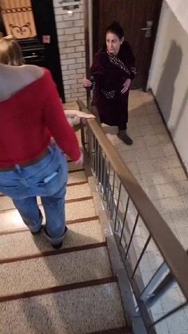The video shows two women and a man walking down a set of stairs. A white and tan rabbit is walking on a leash in front of the women. The woman in the maroon outfit is holding the leash. The stairs have a carpeted surface and a metal railing. The walls are light-colored. The man is wearing a red shirt and jeans. One woman is wearing a black outfit.