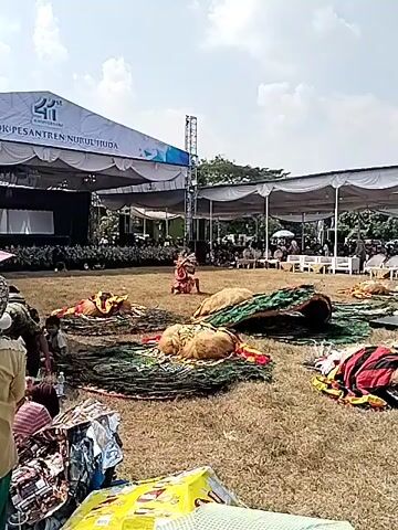 This video shows an outdoor event with a stage and tents. In the foreground, on a grassy area, are several large, elaborate costumes laid out on the ground. They appear to be animal costumes, possibly peacocks or similar birds, with detailed feather work and fuzzy brown elements. One person, dressed in traditional attire, is standing near the center of the frame, seemingly interacting with the costumes or preparing for a performance. In the background, under tents, are seated spectators. The stage area, set up with lighting and sound equipment, is visible behind the costumes, with more people gathered there. The overall atmosphere suggests a cultural performance or festival.