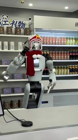 A grey and black bipedal robot, adorned with a red scarf and a festive hat, stands behind a counter in a store. The robot is stationary but moves its arms slightly, as if gesturing for someone to come forward. Behind the robot, shelves are stocked with boxes and refrigerated drinks. A black cable connects to a small device on the counter in front of the robot. A tablet lies nearby displaying what appears to be some kind of application interface. The signage above the shelves is in Chinese. The overall setting is a retail environment.