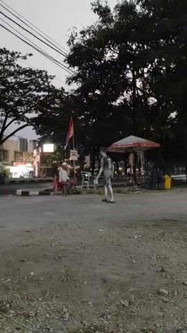 A medium-shot vertical video shows a gray-toned, full-body statue of a person in a t-shirt and shorts standing in an outdoor, possibly urban, environment during dusk or dawn. The statue is facing away from the camera. To the left of the statue, a person wearing a white cap and a white t-shirt is seated on an orange chair. Behind the statue, an Indonesian flag is prominently displayed on a flagpole. Several trees with dark foliage form a canopy overhead. In the background, there are indications of businesses with illuminated signs and streetlights. A motorcycle is visible in the background on the right side. The ground in the foreground is rough and appears to be dirt and gravel. The overall lighting suggests a dim, ambient environment.