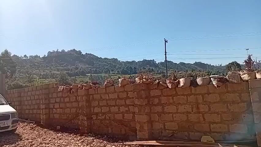 The video pans from left to right across a brick wall in the foreground. On the left side of the wall, a white car is visible. The wall itself is topped with numerous sacks, many of which appear to contain plants or soil. Beyond the wall, a hillside is covered with trees and vegetation, with some terraced areas visible. Power lines run across the frame, supported by utility poles. The sky is clear and blue.