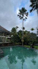 Rainy evening documented at tropical resort in Ubud, Indonesia