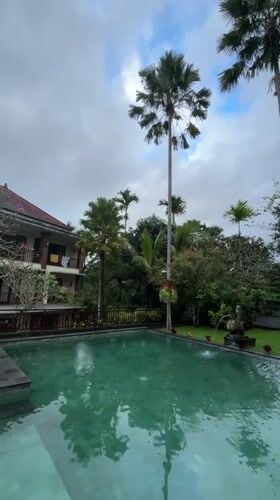Rainy evening documented at tropical resort in Ubud, Indonesia