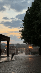 Rain falls on cobblestone streets in Nesebar, Bulgaria