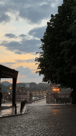 Rain falls on cobblestone streets in Nesebar, Bulgaria