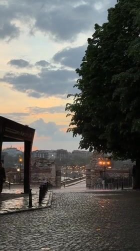 Rain falls on cobblestone streets in Nesebar, Bulgaria