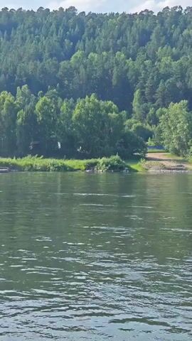 The video shows a wide river with ripples on its surface, reflecting the sky and surrounding greenery. On the opposite bank, a dense forest covers a steep hill, with a mix of coniferous and deciduous trees. Along the shoreline at the base of the hill, there are scattered buildings, including small houses and possibly cabins, surrounded by trees. A narrow, unpaved road or path is visible near the water's edge. The sky is blue with a few white clouds. The scene appears to be a natural, somewhat secluded location, likely a rural or recreational area.