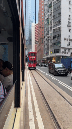 Hong Kong trams pass in early morning transit moment
