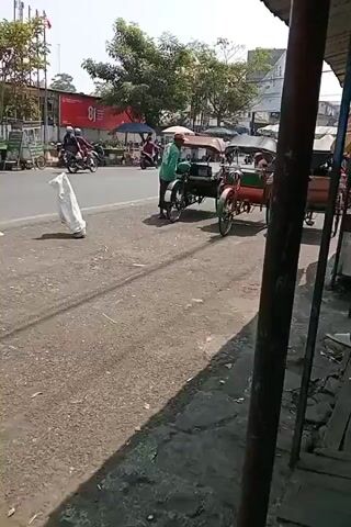 The video shows a street scene, likely in a busy market or roadside area, under bright daylight conditions. In the foreground, the pavement is visible, with a dark, possibly asphalt surface, cracked and weathered. A thick, vertical pole, likely a structural support for a nearby building or awning, is prominent on the right side of the frame, casting a shadow across the pavement.

Further back, on the street, several pedicabs are parked or in motion. One pedicab, colored red and green, is in the center of the frame, with a person seated inside. Another pedicab, predominantly green, is partially visible behind it. A white sack or bag is lying on its side in the middle of the road, to the left of the pedicabs.

On the left side of the street, there is a road with traffic. Several motorcycles are parked or moving, and a person on a motorcycle is visible. In the background, there are buildings, trees, and various stalls or shops. A large red billboard with white text is also visible. The overall atmosphere appears to be that of a typical day in a populated area with commercial activity.
