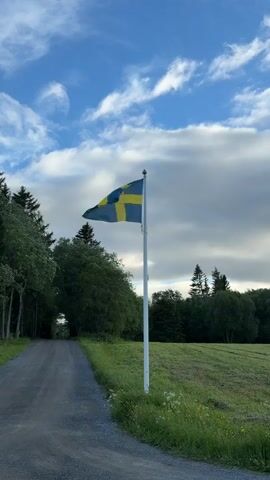 A vertical video shows a Swedish flag waving on a flagpole next to a gravel road. The road curves to the left and leads into a wooded area. To the right of the road is a grassy field. The sky is blue with some white clouds. The video is 4 seconds long and is taken from a slightly low angle.