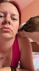 Woman takes selfies with Bull Terrier in Chaikovsky, Russia