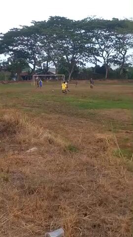 A group of young people are playing soccer on a dry, grassy field. A soccer goal is visible on the left side of the frame. The players are wearing casual clothing. The field is surrounded by trees and some buildings in the distance. The sky is overcast. There is a plastic cup on the ground in the foreground.