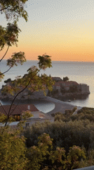Golden hour illuminates historic Sveti Stefan island resort