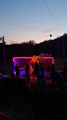 A night scene shows a group of people, mostly adults, gathered around a stage. The stage is outlined with a bright pink neon light. A large, cartoonish bear stands on the stage. There are many bubbles floating in the air. Several people are holding up phones, possibly taking pictures or videos of the bear. Most of the people are standing, but some are sitting in lawn chairs facing the stage. The backdrop is a dark forest with a faint orange glow in the sky.  A single string of lights hangs above.