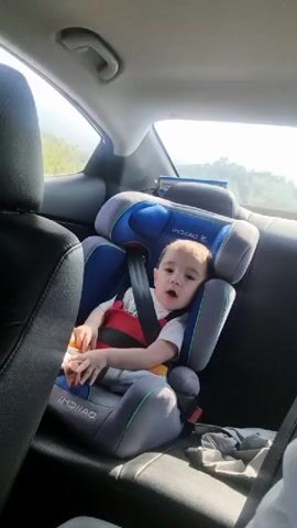 The video shows a baby sitting in a blue and gray car seat in the back of a car. The baby is wearing a white shirt, gray pants, and brown shoes. The baby is strapped into the car seat with a five-point harness. The car seat is labeled "DAIICHI." The background shows a sunny day with trees visible outside the window. The baby looks at the camera and smiles.